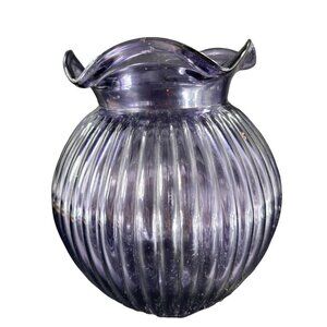Hand Blown Art Glass Purple Amethyst Vase Round Bottom Wavy Edge On Top Vintage